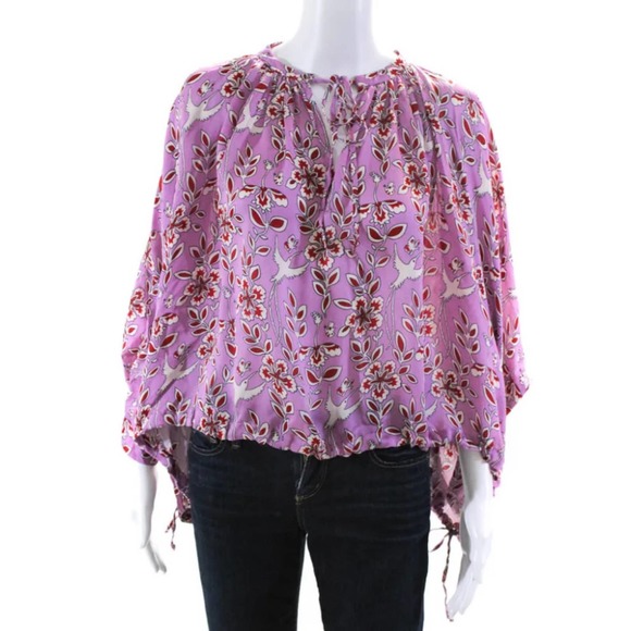 Rhode Helene Crepe De Chine Gathered Bird Print Peasant Blouse S - Picture 6 of 10